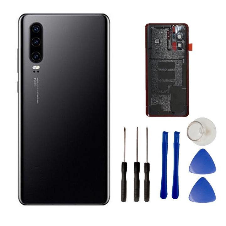 Capac spate sticla compatibil Huawei P30 Pro，Fudisenn®，Coperta spate originala, nou-nouta, cu instrumente auxiliare，Design cu margini curbate 3D，Senzatie neteda，negru，16×6cm