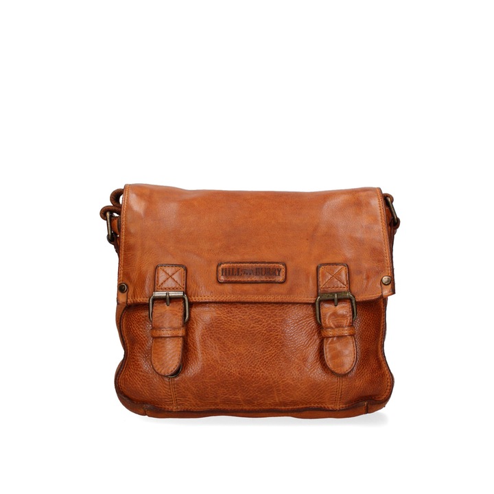 Hill Burry, Geanta crossbody de piele cu fermoar si catarama, Maro scortisoara