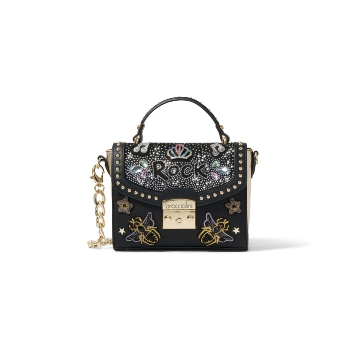 BRACCIALINI, Geanta din piele ecologica cu maner si strasuri, Negru