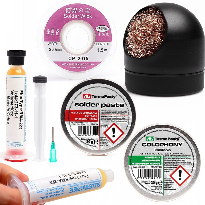 Set accesorii de lipit, Techrebal, Cleaner, Rosin 20g, Pasta de lipit 20g, impletitura, flux