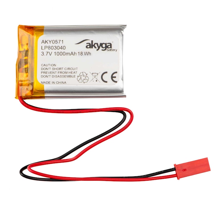 Acumulator Li-Po Akyga AKY0571 3.7V 1000mAh cu conector JST 2 pini 150mm