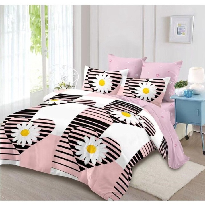 Lenjerie de pat dublu, 6 piese, 2 persoane, 230x250 cm, imprimeu floricele, multicolor