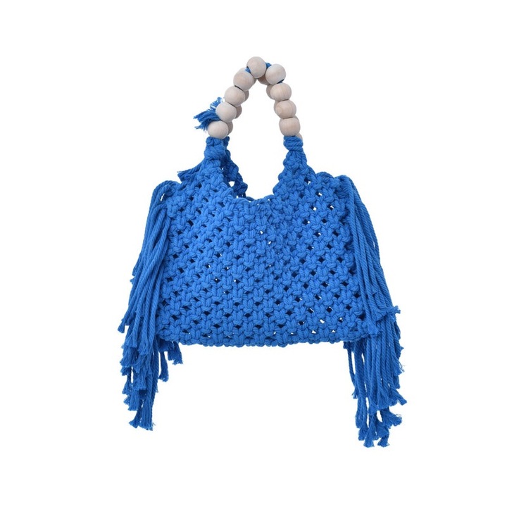 Geanta dama din bumbac impletit manual, cu ciucuri, albastra, 26x3x18cm