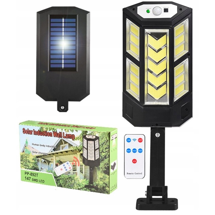 Lampa solara 249 LED, Interlook, cu senzor de miscare si crepuscul, alb, 169x310x42mm