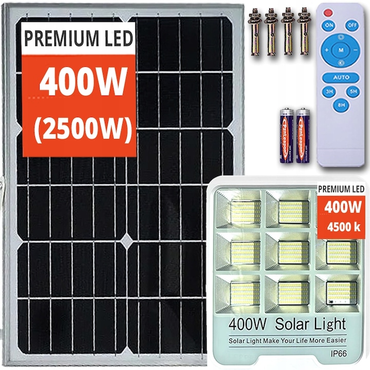 Соларна LED лампа с халогенна лампа, Vogler, 660 диода, неутрално бяла, 400W, комплект със соларен панел и дистанционно управление, 5 м кабел