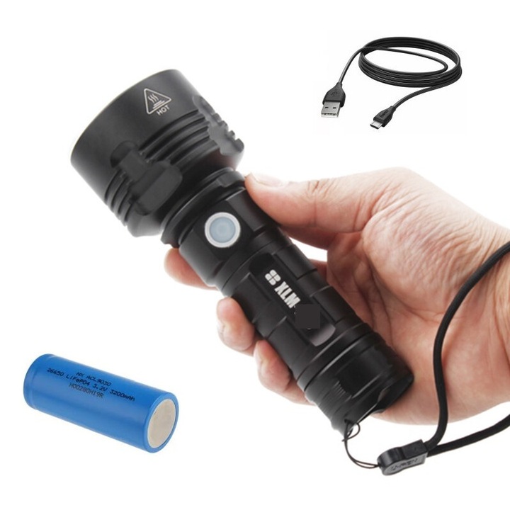 Azaris XHP90 taktikai zseblámpa, 6000 lumen, 3 üzemmód, vízálló, akkumulátorral és töltőkábellel