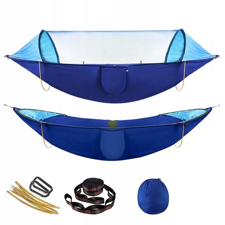 Hamac turistic Nan 3 in 1 cu plasa impotriva insectelor, 260x140cm, 150kg, set complet cu linii si carabiniere