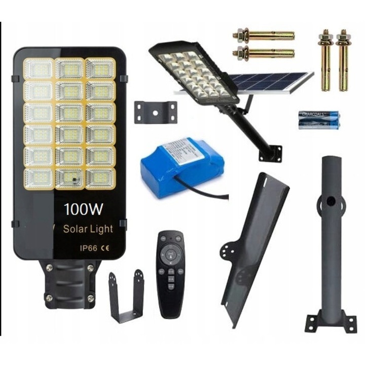 Lampa solara stradala 100W, LedClick, 20000mAh, senzor de intuneric, dimensiuni 350x210x50mm, set complet