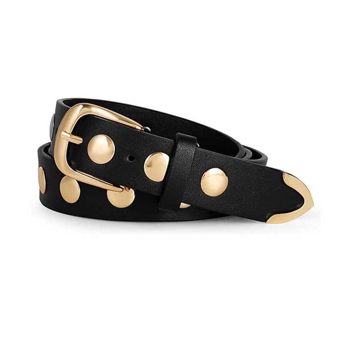 Női öv, TREXORA, elegáns kivitel poliuretán bőrből, klasszikus arany csat, 105cm, fekete