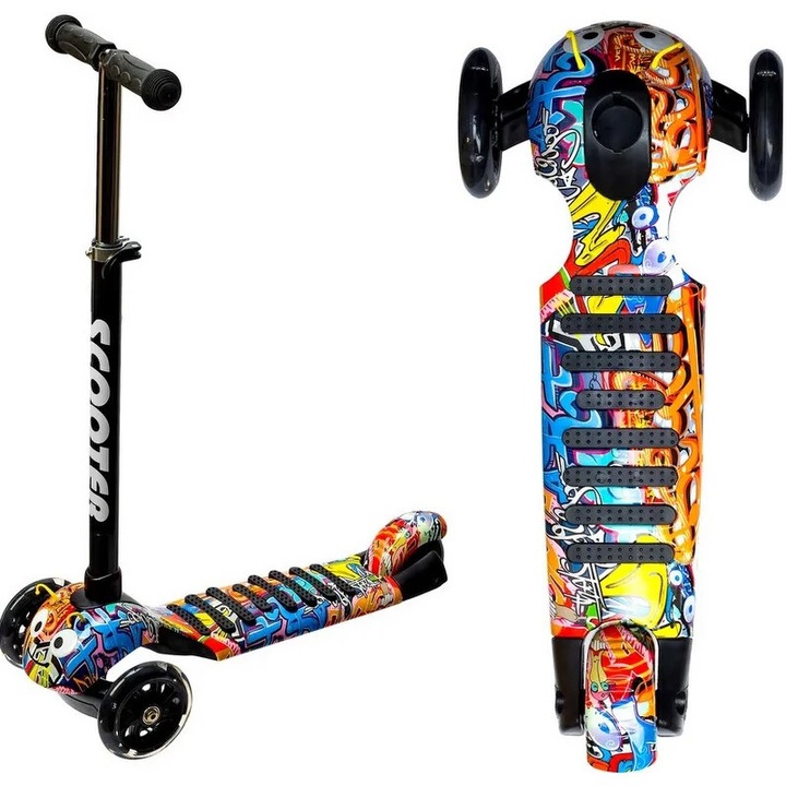 3 kerekű roller, Azaris, LED-es, csúszásgátló platform, többszínű, 57x13,5 cm