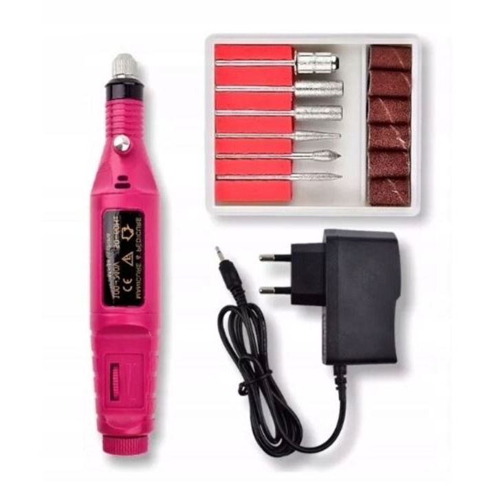 Pila electrica pentru unghii, set cu 6 freze si 6 capete, 16x2.4cm, roz