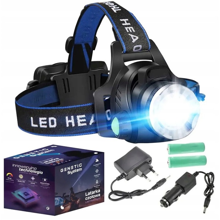 Lanterna frontala LED, Genetic, model cu acumulator, 8 moduri de iluminare, functie zoom, impermeabil