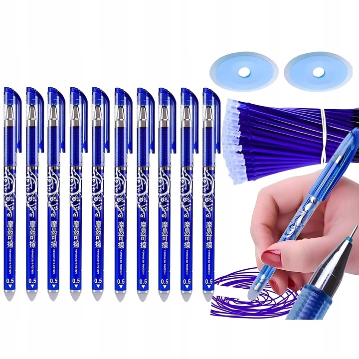 Set 12 Pixuri Azaris, 20 Rezerve, 2 Gume, Albastru, 0,5 mm