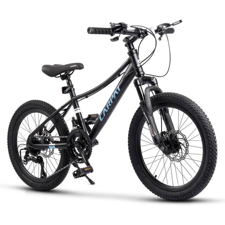 Детски MTB велосипед Carpat Polestar JSX20261, колело 20 инча, рамка с интегрирани кабели, предна/задна дискова спирачка, оборудване Carpat, 21 скорости, черно със синьо