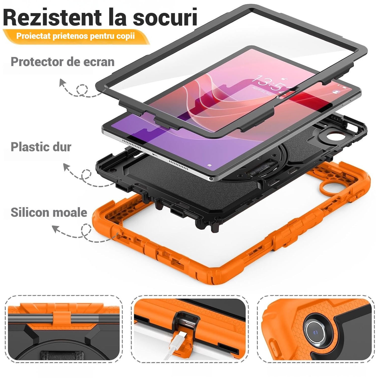 Husa protectie tableta pentru LENOVO Tad11 2024 TB331FC /T ab M11 TB330FU, Fudisenn®, cu Curea de Curele de umar si Folie Protectoare, Rotire La 360°, Rezistent la Socuri si la cadere, Dispozitiv de Sustinere in Toate Directiile, Portocalie