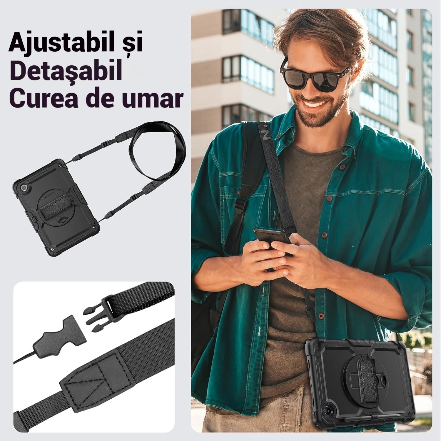 Husa protectie tableta pentru LENOVO Tad11 2024 TB331FC /T ab M11 TB330FU, Fudisenn®, cu Curea de Curele de umar si Folie Protectoare, Rotire La 360°, Rezistent la Socuri si la cadere, Dispozitiv de Sustinere in Toate Directiile, Negru