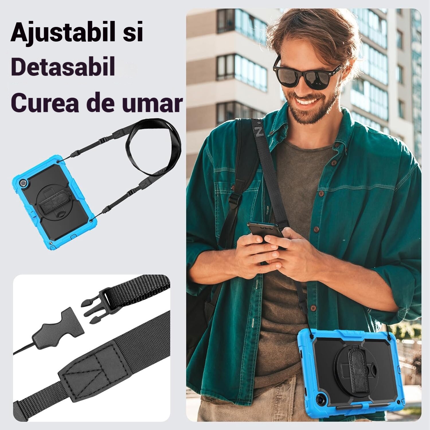 Husa protectie tableta pentru LENOVO Tad11 2024 TB331FC /T ab M11 TB330FU, Fudisenn®, cu Curea de Curele de umar si Folie Protectoare, Rotire La 360°, Rezistent la Socuri si la cadere, Dispozitiv de Sustinere in Toate Directiile, Albastru deschis