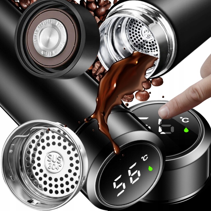 Termos cu termometru, Azaris, 500ml, inox, capac cu display LED, set cu sita