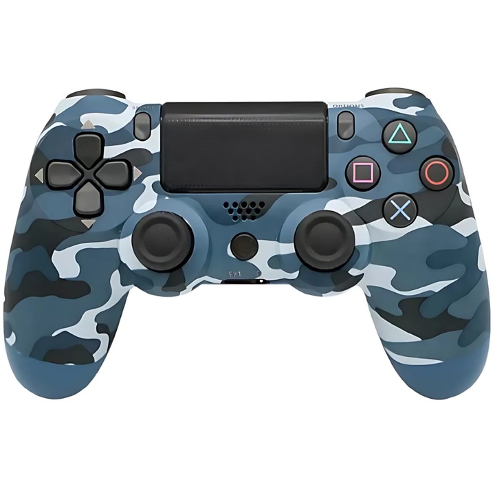 SDEPOT® vezeték nélküli vezérlő, PS4 kompatibilis, gyors reagálással, rezgéssel, újratölthető akkumulátorral, terepszínű, kék