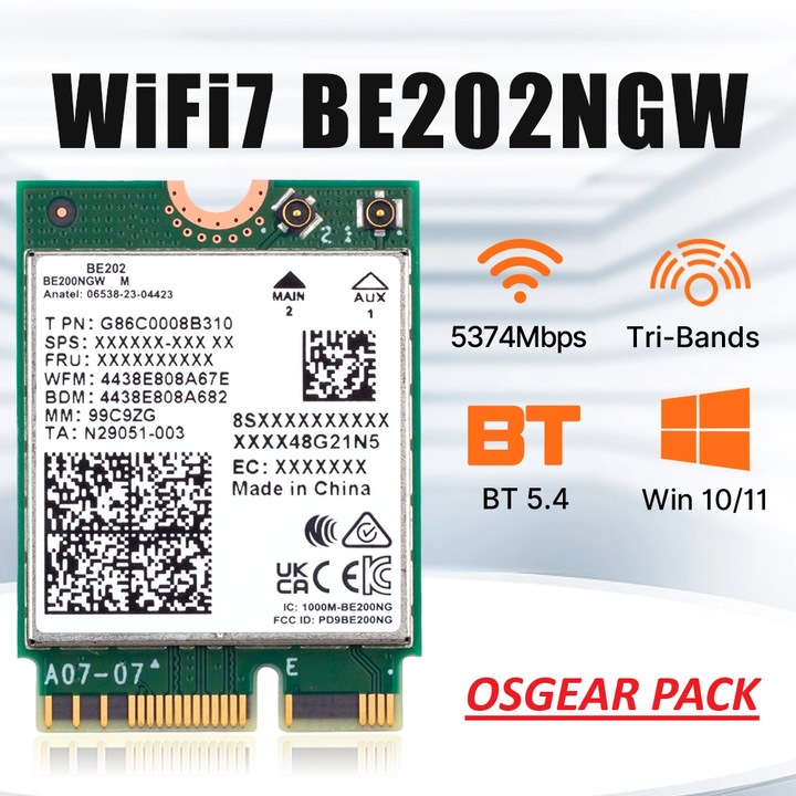 Мрежова карта, Intel Wi-Fi 7 BE202NGW /OSGEAR-PACK, трибандов 2.4G/5G/6GHz WiFi 7, BT 5.4, M.2 2230, 2x2 антена, поддръжка на AMD и Intel