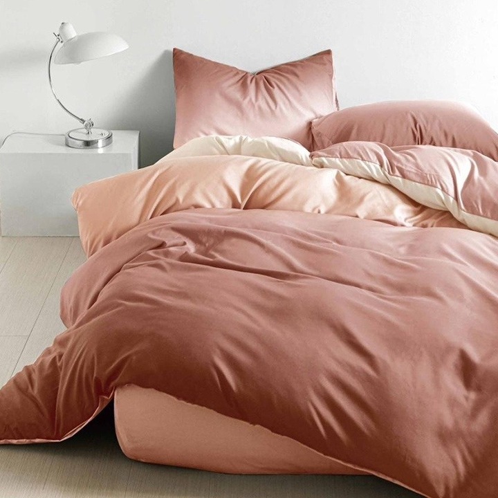 Lenjerie de pat pentru 2 persoane, Pucioasa, Accent, Dry Rose, Bumbac Satinat, 4 piese