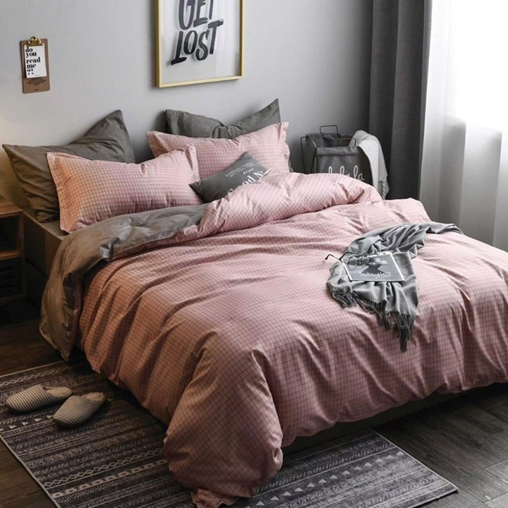 Lenjerie de pat pentru 2 persoane, Pucioasa, Cari, Bumbac Satinat, 4 piese