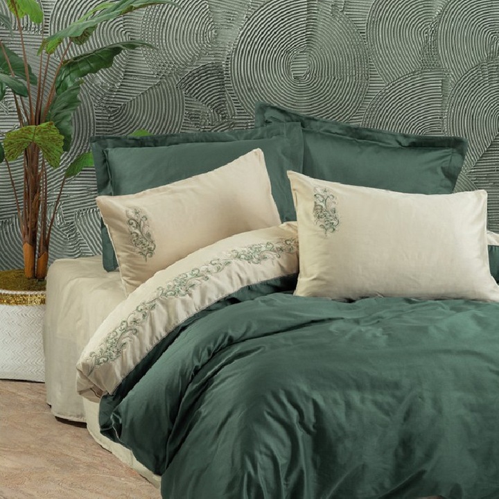 Lenjerie de pat pentru 2 persoane, Cottonbox, Andy, Verde, Satin, 6 piese