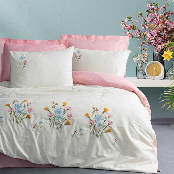 Lenjerie de pat pentru 2 persoane, Cottonbox, Delbin, Roz, Bumbac 100%, 6 piese