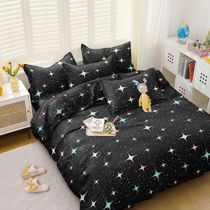 Lenjerie de pat pentru 2 persoane, Pucioasa, Guna, Bumbac Satinat, 4 piese