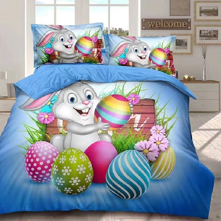 Lenjerie de pat pentru 2 persoane, Pucioasa, Paste Easter V15, Albastru, Finet, 6 piese