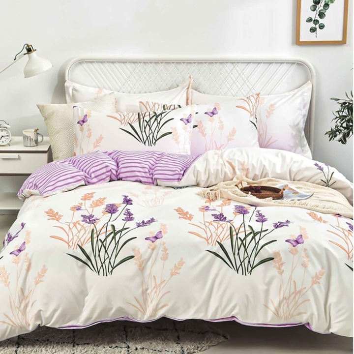 Lenjerie de pat pentru 2 persoane, Pucioasa, Rayan, Bumbac Satinat, 4 piese