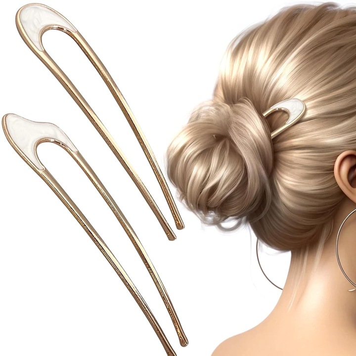 Set 2 agrafe de par U, TREXORA, metal vintage cu perle naturale, aurie si alba