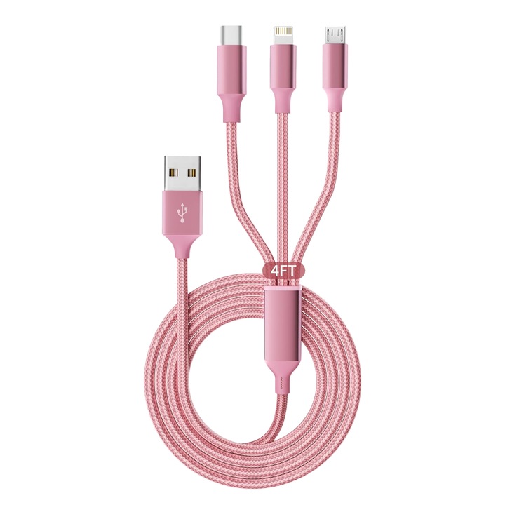 Cablu de incarcare 3-in-1, TREXORA, Nylon impletit, 1.21m, Roz