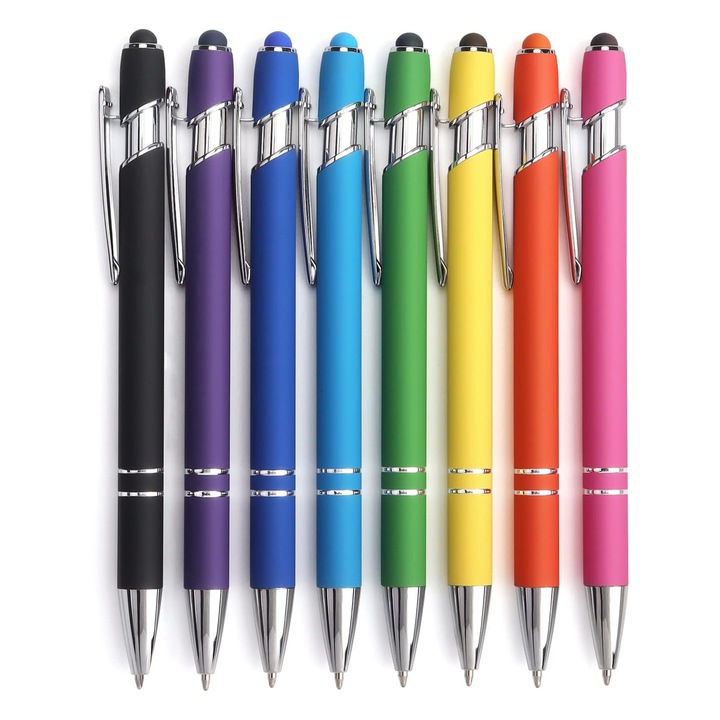 Set 8 Pixuri cu Bila TREXORA, 2-in-1, Cerneala Neagra, Multicolor