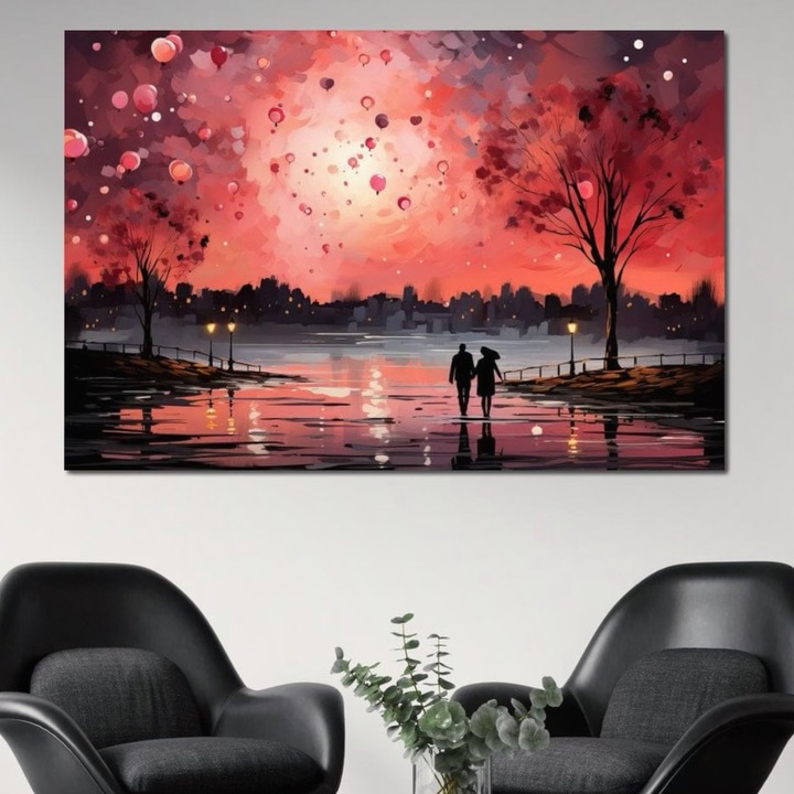 Премиум картина върху платно, LuxCanva® E1021, Разходка под пламтящото небе, 100 X 150 CM, 100% памучно платно 400g/m2, дървена рамка, Залез, Двама, Двойка, Вода, Градски, Хол, Ярки цветове