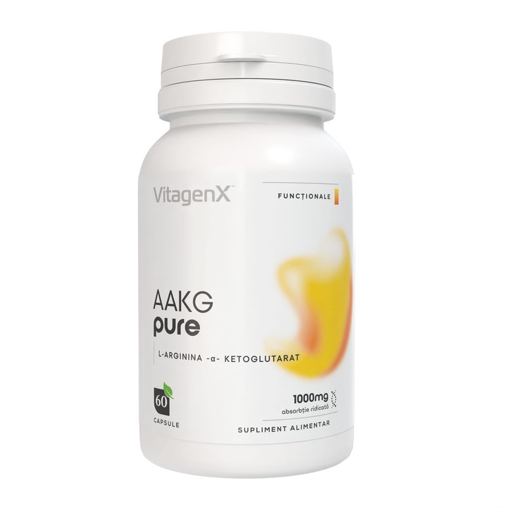 AAKG Pure, 1000mg, L-Arginina α-Ketoglutarat, Performanta si Energie, 60 capsule, Fara aditivi