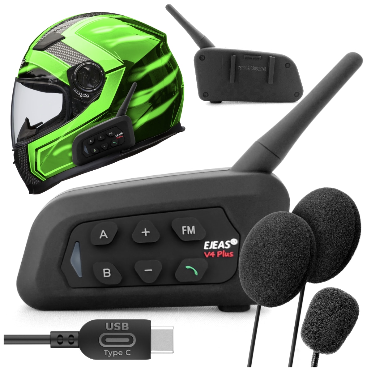 Intercom Ejeas V4 Plus, set pentru 1 casca, Bluetooth 5.1, autonomie ...