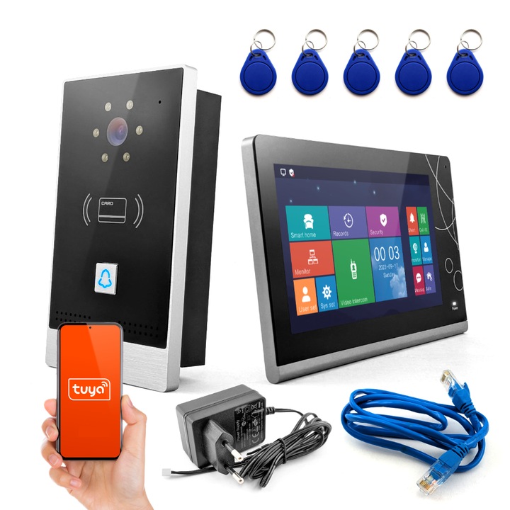 Interfon GOMEDIA cu ecran LCD 7", camera 1080p, suport NFC, montaj subtire, RJ-45