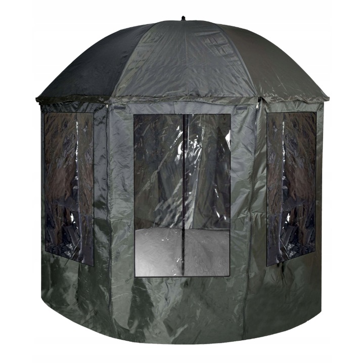 Adapost de pescuit profesional 3 in 1, tip umbrela, cort si paravan, complet impermeabil, protectie UV, 3 ferestre, cadru metalic, pliabil, include geanta si cuie