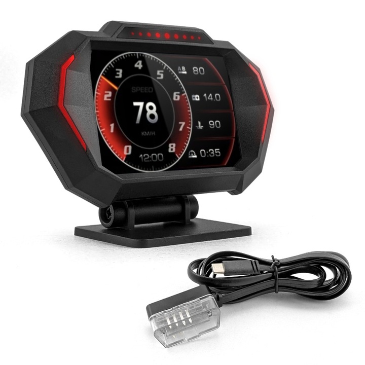 Autós HUD kijelző P24, GOMEDIA, USB-C, OBDII tápegység, 170 cm-es kábel