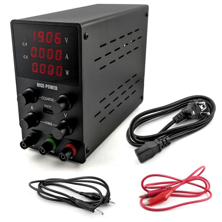 Захранващ блок лабораторен GOMEDIA SPS3010, 30V, 10A, комплект със захранващ кабел 120см и работни кабели 105см