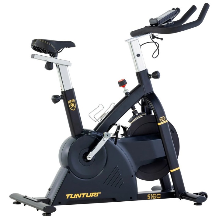 Велоергометър Tunturi Centuri S100 Sprinter, 17 кг маховик, 32 нива на съпротивление, измерване на пулса чрез кормилото, състезателна седалка, Bluetooth, PMS спиране, потребител 150 кг, държач за бутилка, транспортни колела