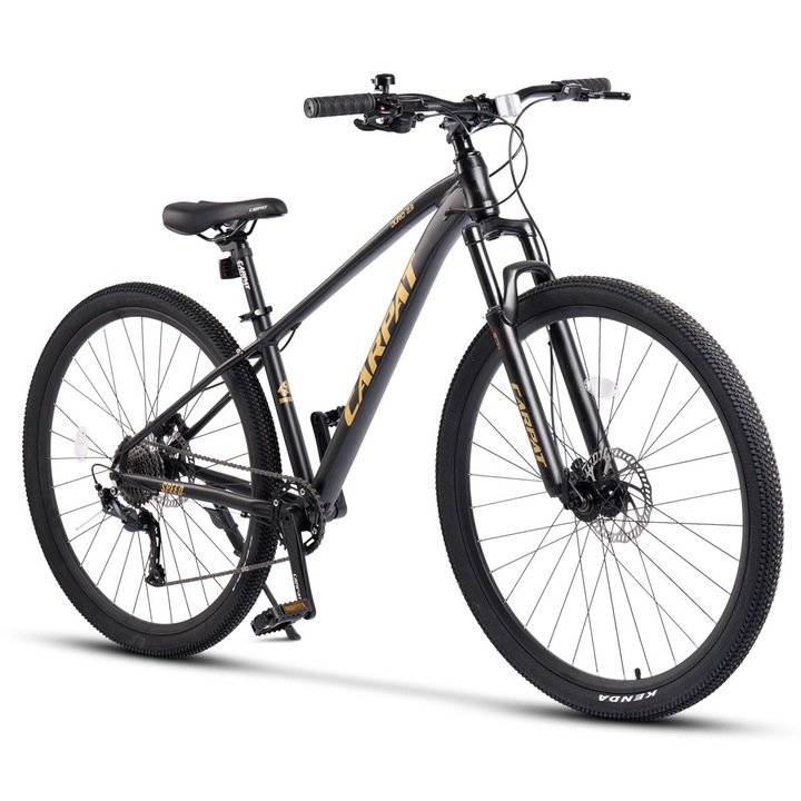Планински велосипед Carpat Duro JSX29334 MTB, алуминиева рамка с интегрирани кабели, оборудване Shimano Altus/Alivio, предно окачване, колело 29 инча, предна/задна хидравлична дискова спирачка, 9 скорости, черно с жълт цвят