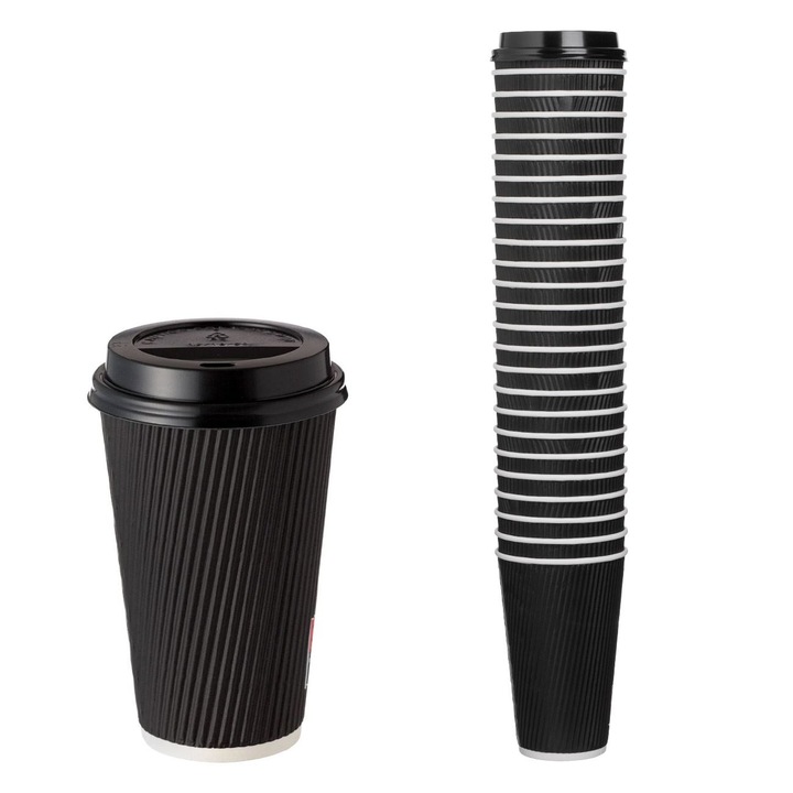 Картонени чаши с черни вълни и черни капаци 480 мл - 25 бр.