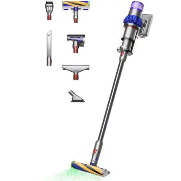 Aspirator vertical, Dyson V15 Detect Fluffy, 0.76l, 25.2V, autonomie max 60 min, Motor Hyperdymium, argintiu/galben