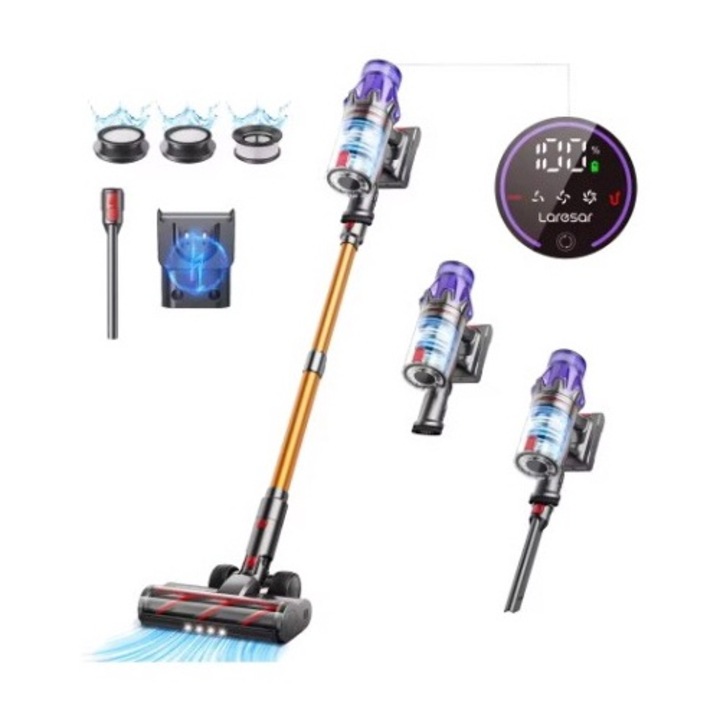 Laresar V7 500W безжична вертикална прахосмукачка, Висока мощност на засмукване, разширена автономност, HEPA филтър, LED екран, включени аксесоари