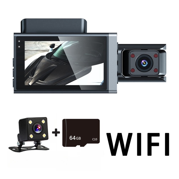 Camera Auto De Ultima Generatie Full HD 1080P, 3 Lentile, Unghi Ultra-Larg De 170°, Display IPS De 3 Inchi, Vedere Nocturna, Inregistrare Tripla, Inregistrare In Bucla, G-Sensor, Detectare Miscare, Functie WiFi, Negru