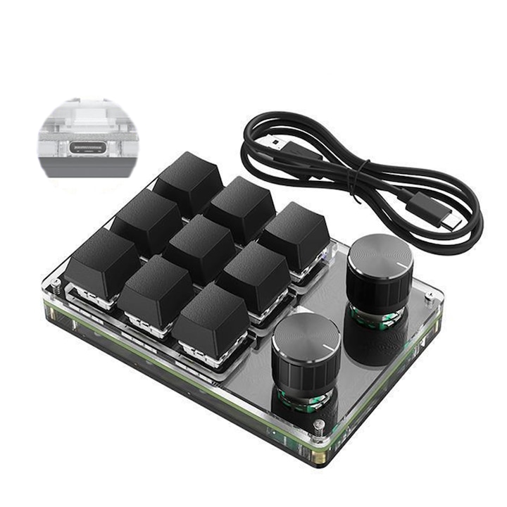 DIY makró billentyűzet, programozható, mini mechanikus billentyűzet, egyedi játék- és szoftvergomb-kombinációkat állíthat be, 9 billentyűvel és 2 gombbal, DIY, USB kettős üzemmód, testreszabható és programozható, fekete és szürke