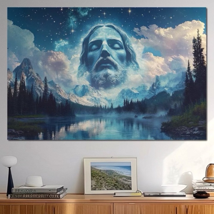 Премиум картина върху платно, LuxCanva® H1048, Между небето и земята, 100 X 150 см, 100% памучно платно 400 г/м2, дървена рамка, Исус, облаци, планини, вода, жертвоприношение, спасение, вяра, благодат, духовност, религиозно изкуство, хол, спалня