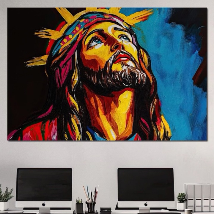 Премиум картина върху платно, LuxCanva® H1052, Поглед към небето, 100 X 150 CM, 100% памучно платно 400g/m2, дървена рамка, Исус, Съзерцание, Вътрешен мир, Трънен венец, Небе, Лице, Модерно религиозно изкуство, Хол, Спалня